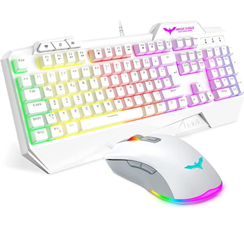 havit Keyboard Rainbow Backlit Wired Gaming Keyboard Mouse Combo, LED 104 Keys USB Ergonomic Wrist Rest Keyboard, 4800 DPI Mouse for PC Gamer (White)