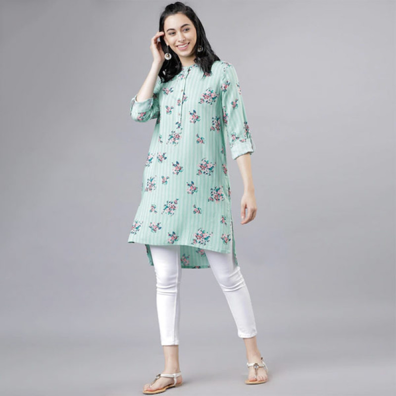 Green & Pink Mandarin Collar Printed Tunic