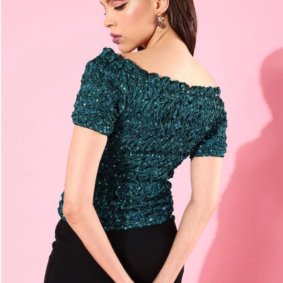 Teal Embellished Off-Shoulder Smocked Crop Top