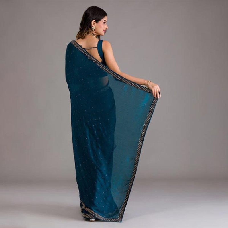 Blue & Gold-Toned Embellished Beads and Stones Saree