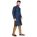 DREAM BLUE Men's Traditional Stitched Heavy Jecquard Kurta Pajama Sherwani Set (Dark Blue)