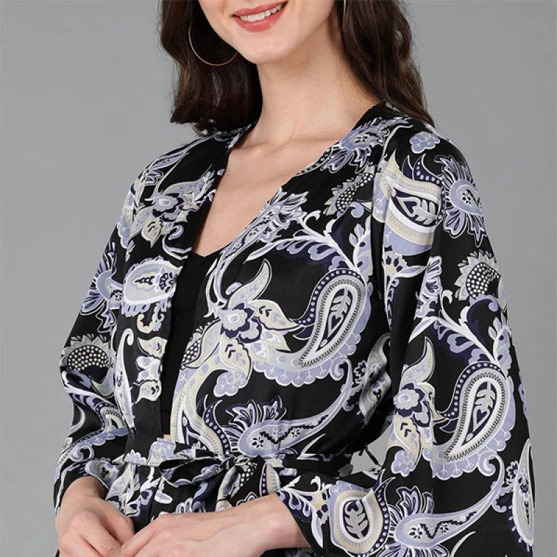 Serein Women's Shrug (Multi Colored Printed Crepe Short Jacket with Waist tie-up & Bell Sleeve)